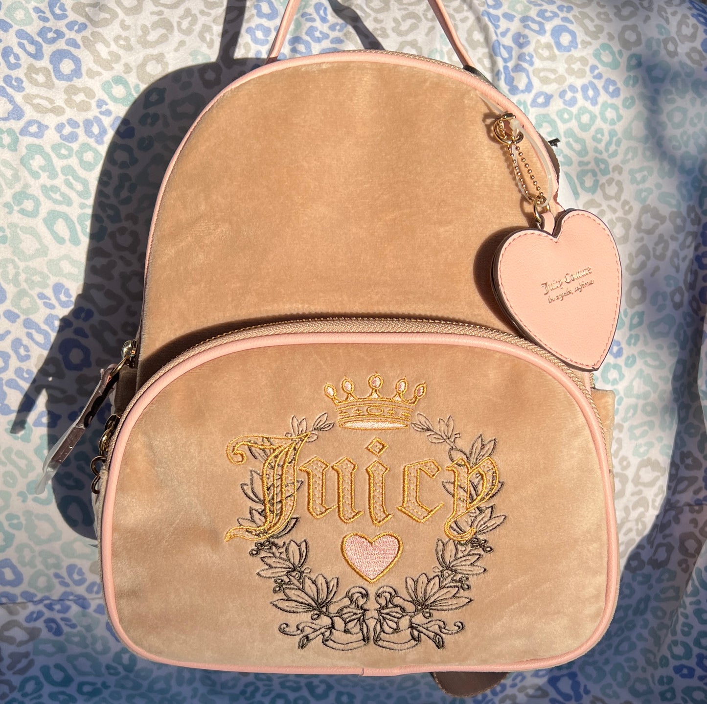 New Pink Tan Juicy Couture Backpack Purse Bag Velour Vintage Style