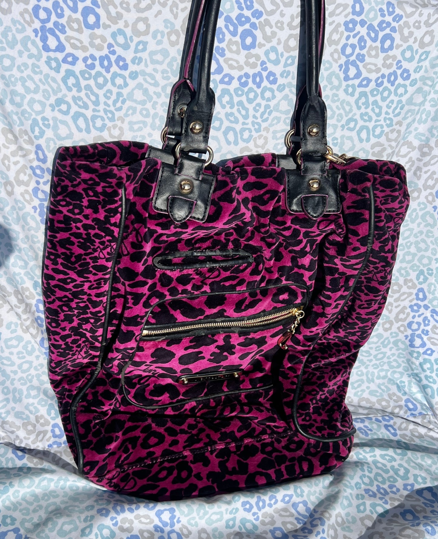 Vintage Pink Juicy Couture Purse Tote Bag Leopard Print Velour Y2K Charm Cheetah