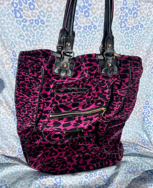 Vintage Pink Juicy Couture Purse Tote Bag Leopard Print Velour Y2K Charm Cheetah