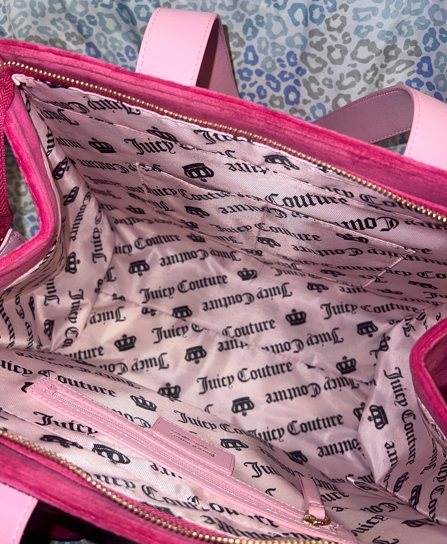 New Pink Juicy Couture Tote Bag Purse Patch Work Handbag Velour + Mini Bag Charm