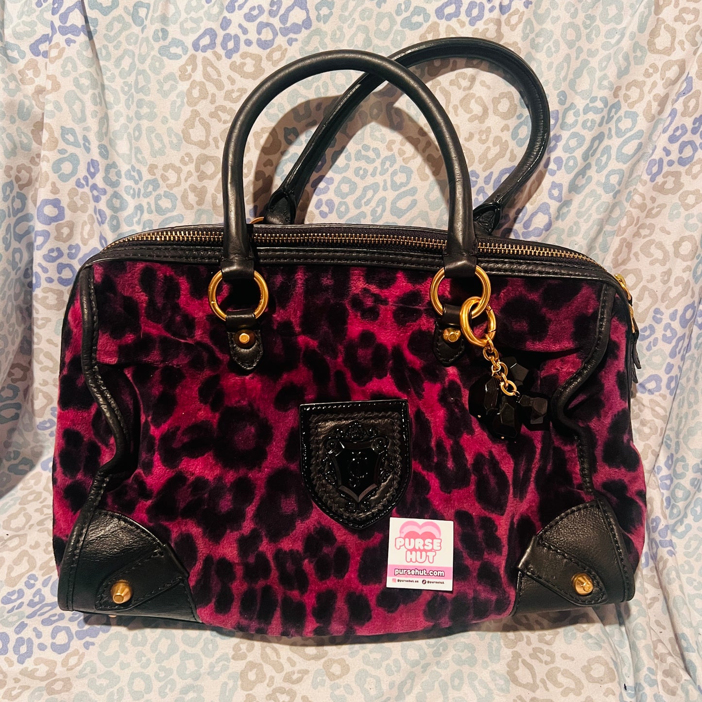 Vintage Purple Black Juicy Couture Purse Satchel Bag Handbag Cheetah Velour Y2K