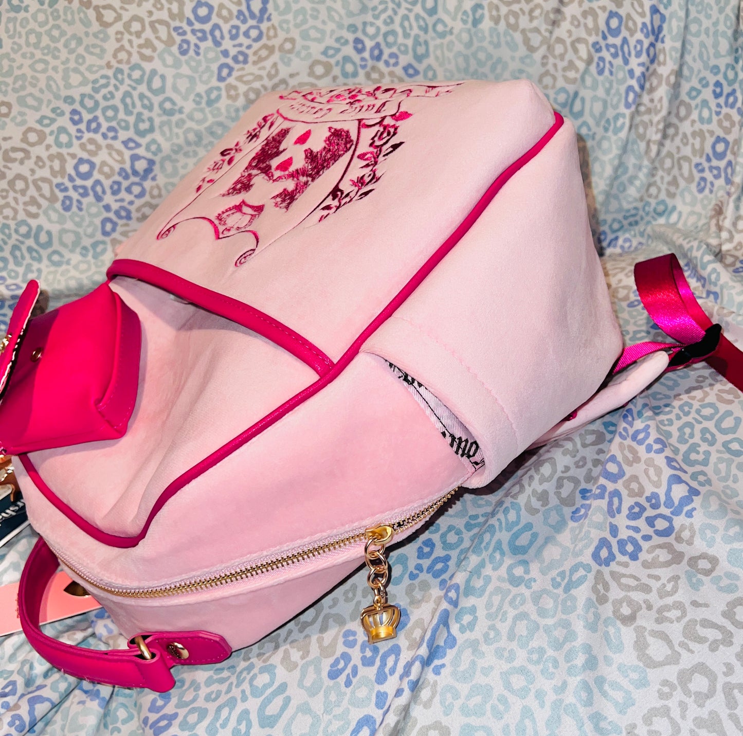 New Pink Juicy Couture Backpack Purse Scottie Dog Velour Bag XL Size Embroidered