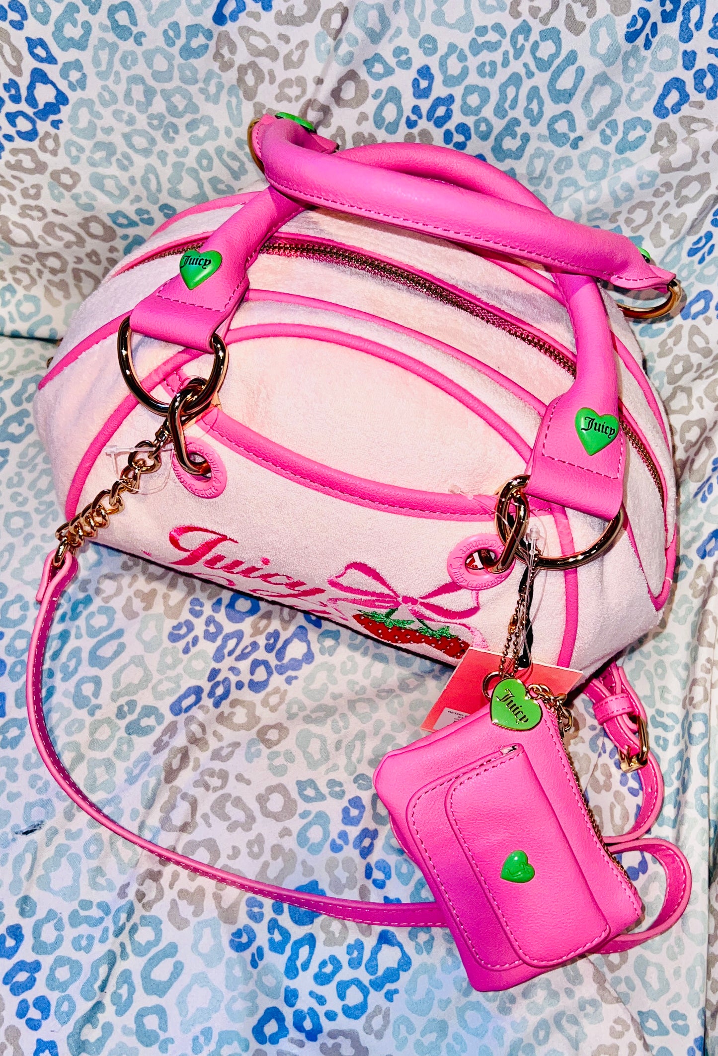 New Pink Juicy Couture Purse Bowler Bag Handbag Satchel Strawberry Terry Cloth