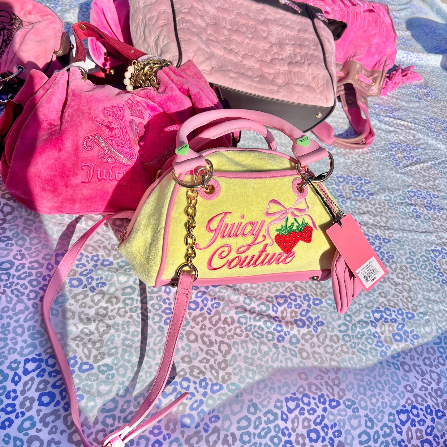 New Yellow Juicy Couture Purse Bowler Bag Handbag Satchel Strawberry Terry Cloth