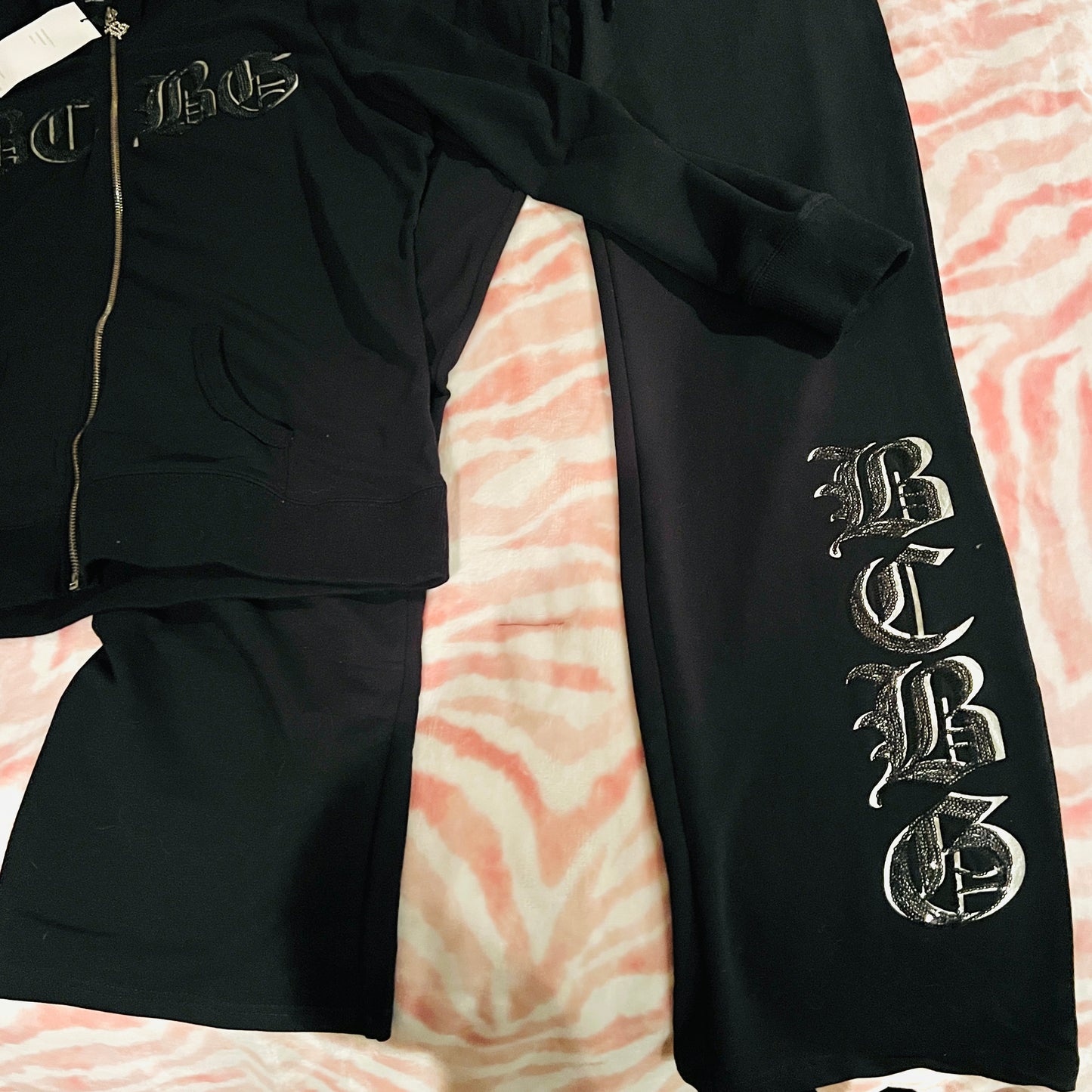 New XL Black BCBG 2-Piece Tracksuit Jacket + Track Pants Sequin Set MSRP $160