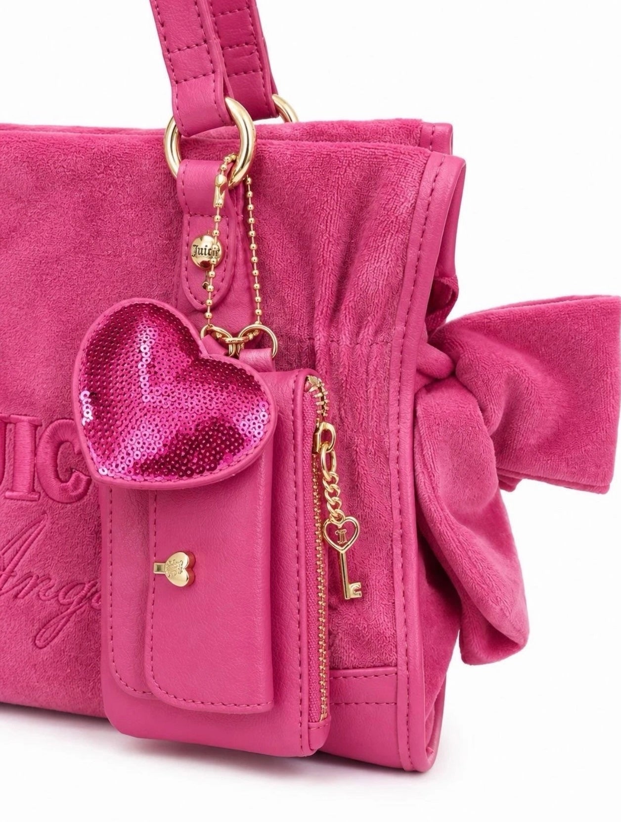 New Pink Juicy Couture Tote Bag Purse Satchel Zip Heart Charm Pouch Juicy Angel