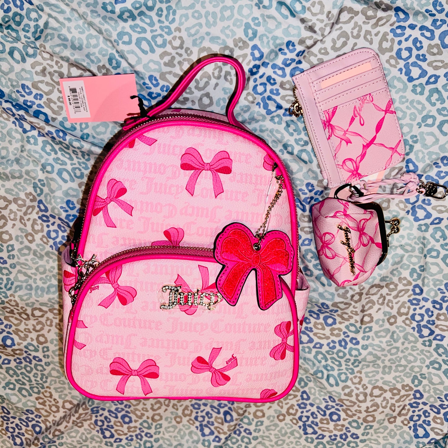 New Pink Juicy Couture Backpack Set w/ Wallet + Coin Purse Pouch NWT Ribbon Bow