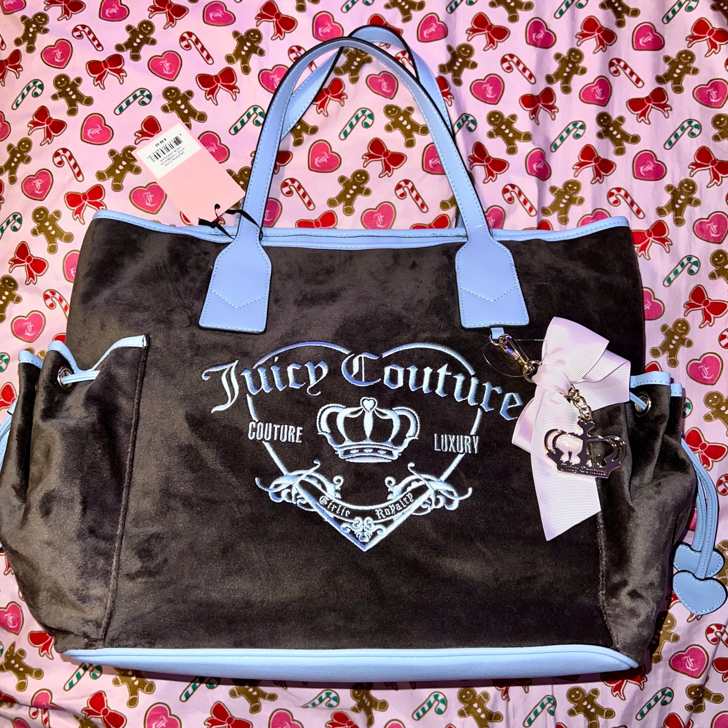 New Blue Brown Juicy Couture Tote Bag Purse Velour Y2K Vintage Style