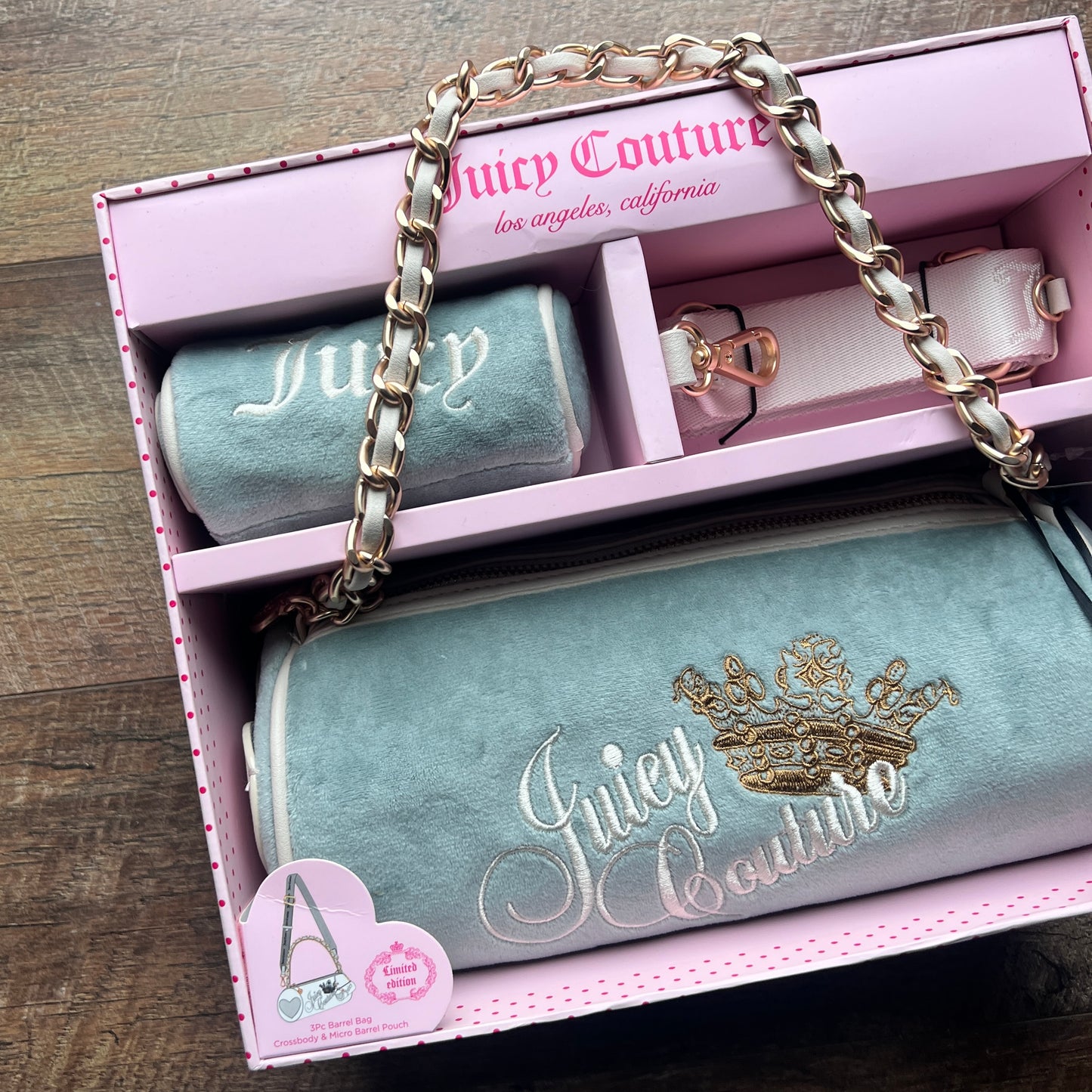 New Blue Juicy Couture Handbag Barrel Bag Heritage Purse Set of 2 Vintage Style