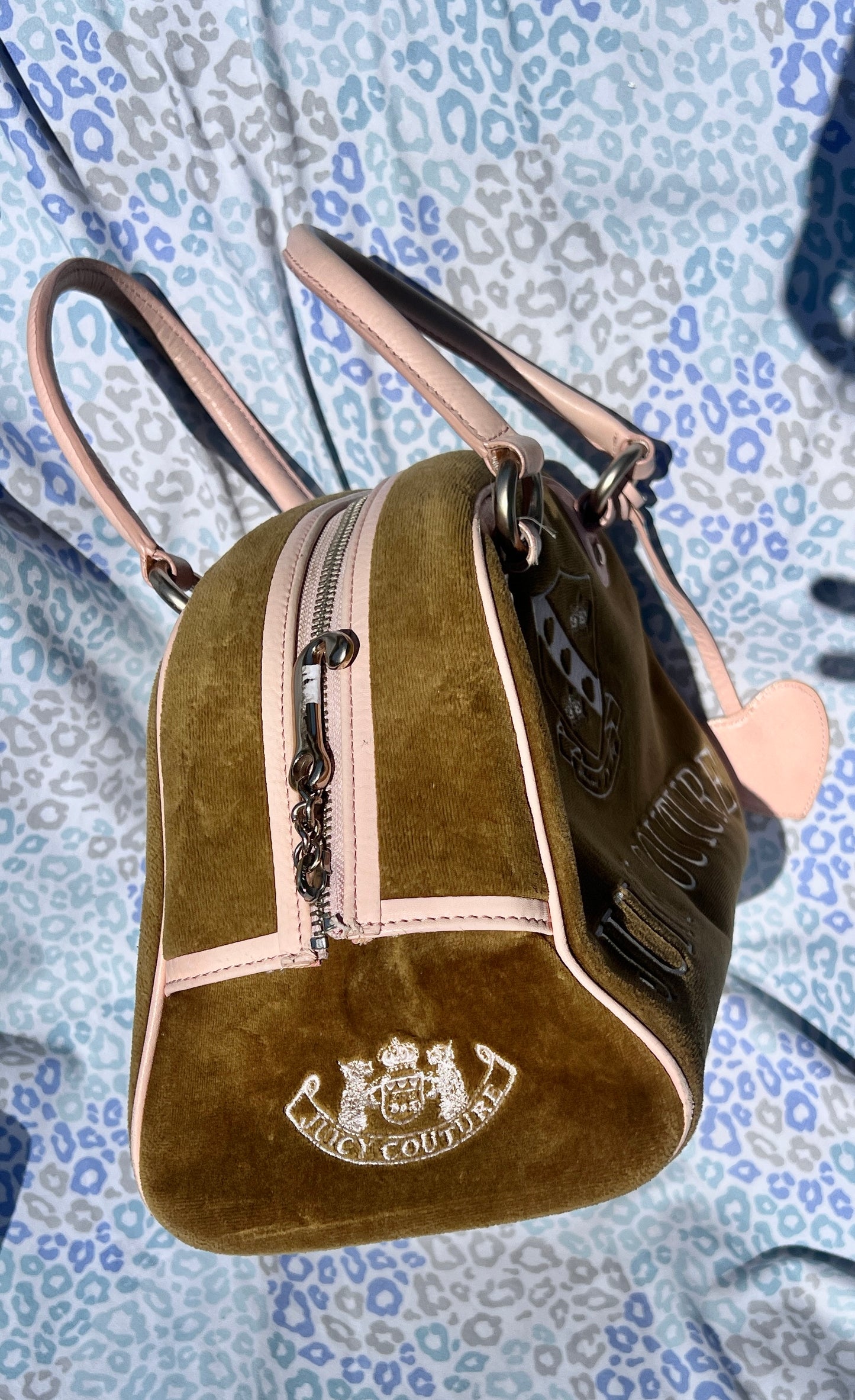 Vintage Olive Green Juicy Couture Purse Velvet Bowler Bag Satchel Handbag Y2K
