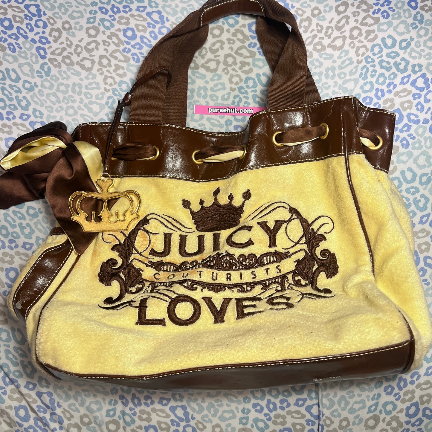 Vintage Brown Yellow Juicy Couture Purse Tote Bag Handbag Daydreamer Terry Cloth - Juicy Couturists Loves