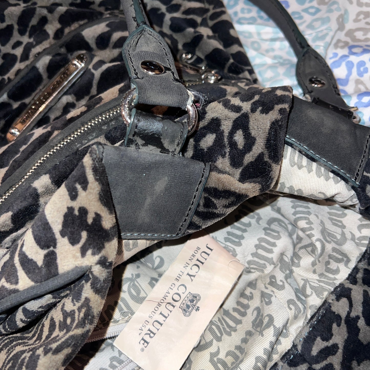 Vintage Grey Black Juicy Couture Handbag Satchel Bag Purse Velour Y2K Cheetah