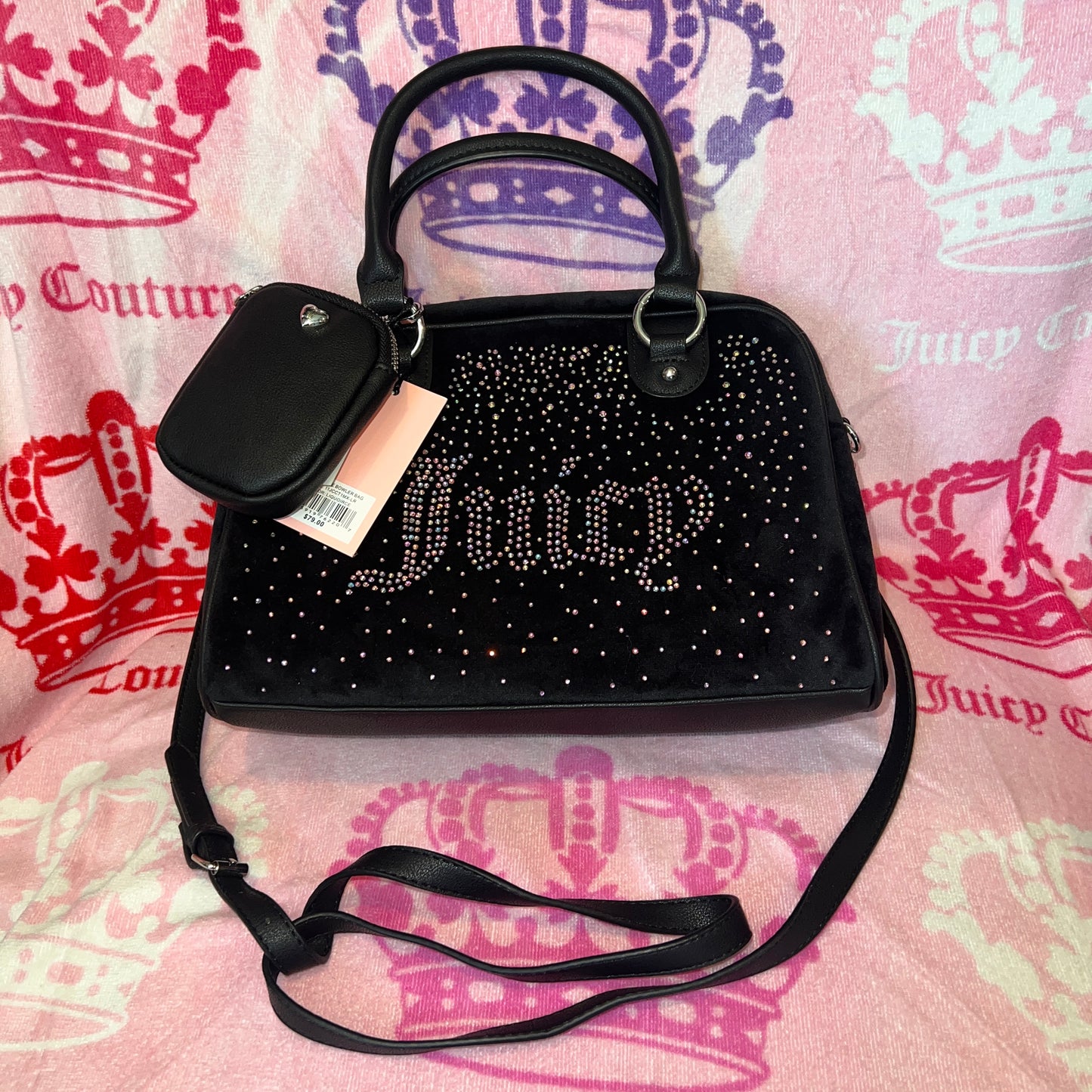 New Black Juicy Couture Purse Handbag Satchel Velvet Bowler Bag