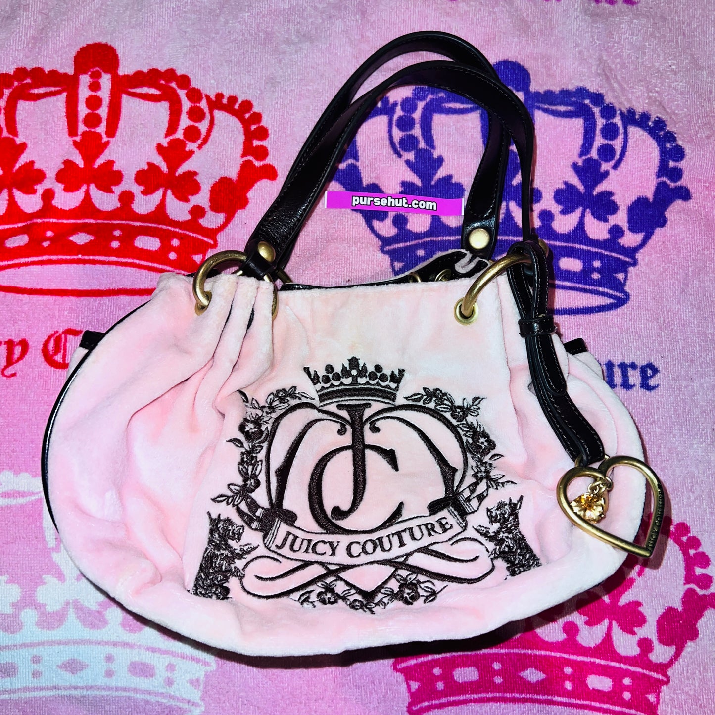 Vintage Black Pink Juicy Couture Purse Bag Satchel Handbag Velour Y2K Mcbling
