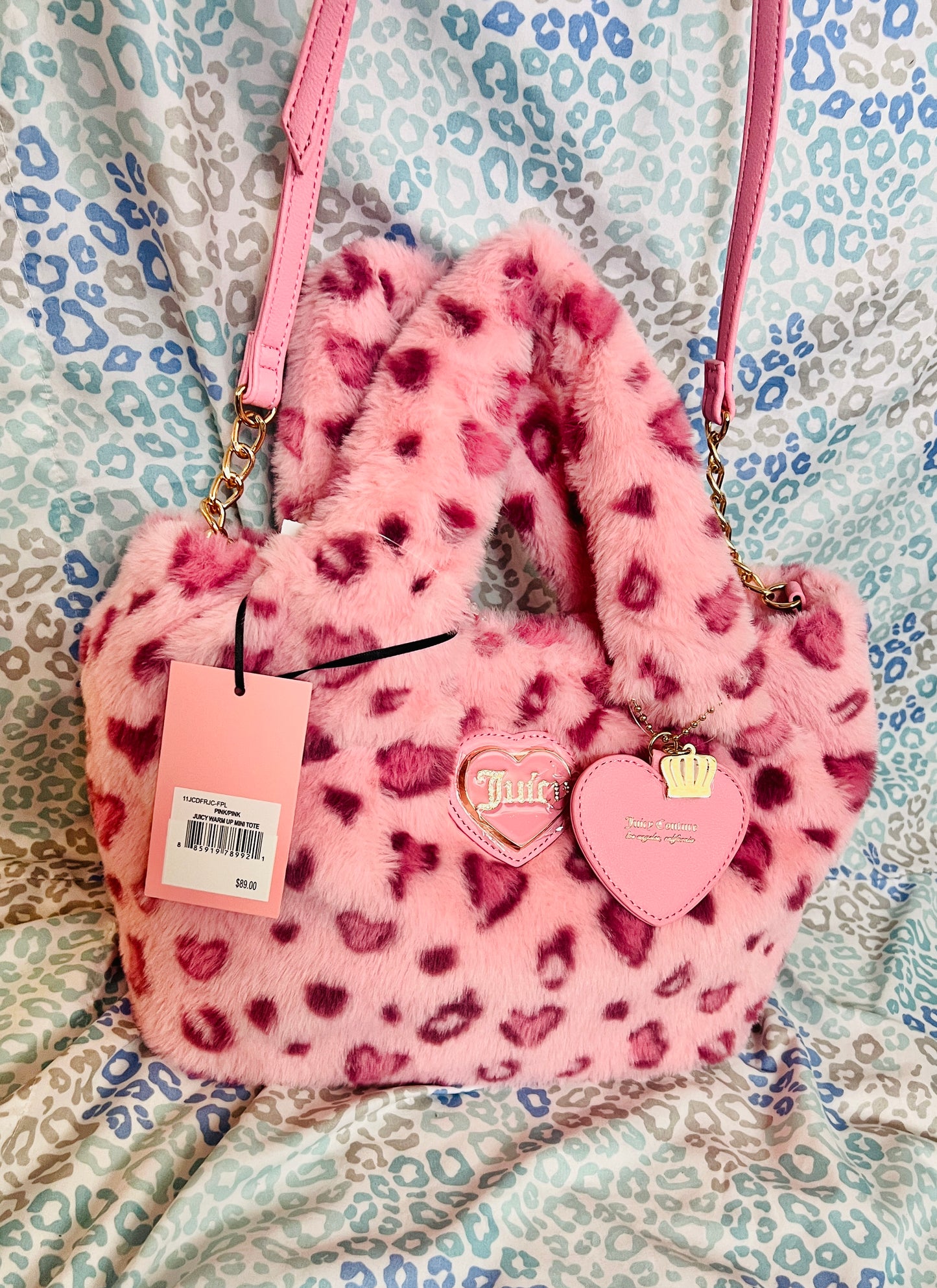 New Pink Juicy Couture Purse Fluffy Fur Satchel Bag Handbag Cheetah Crossbody