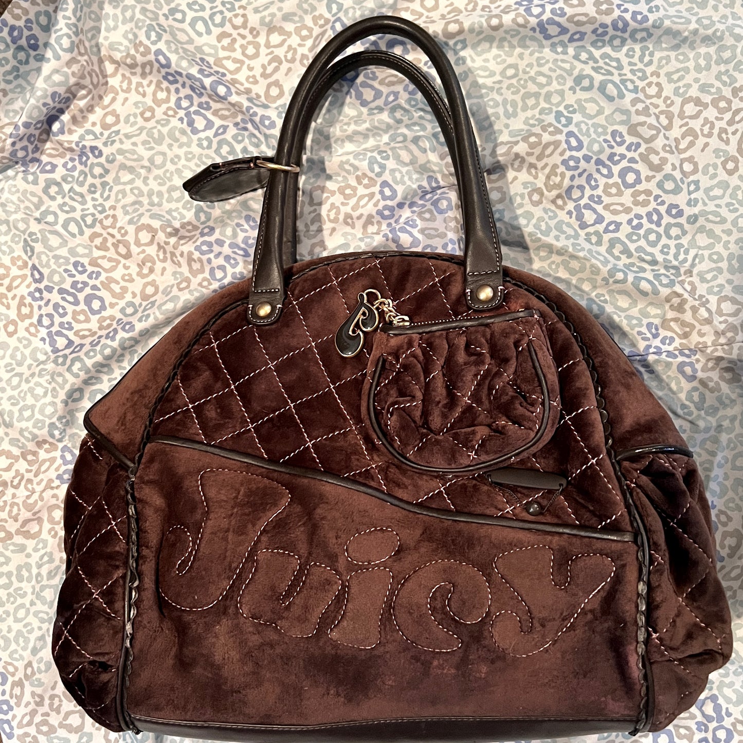 Vintage Dark Brown Juicy Couture Bowler Bag Travel Purse XL Size Velour Duffel