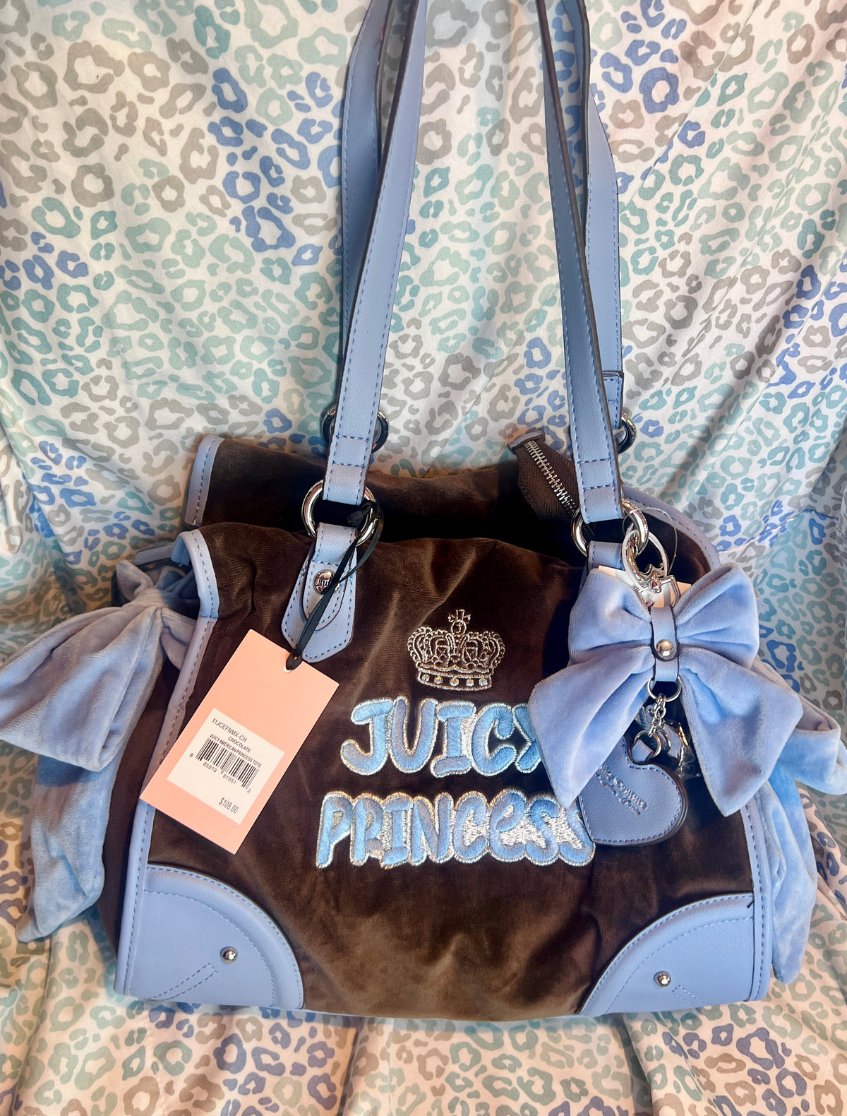 New Brown Blue Juicy Couture Princess Tote Shoulder Handbag Y2K Bow Velour Purse