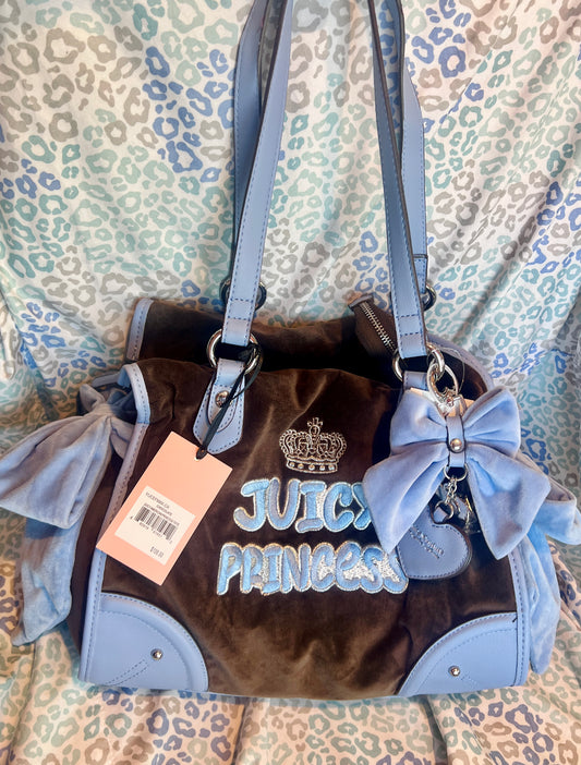 New Brown Blue Juicy Couture Princess Tote Shoulder Handbag Y2K Bow Velour Purse