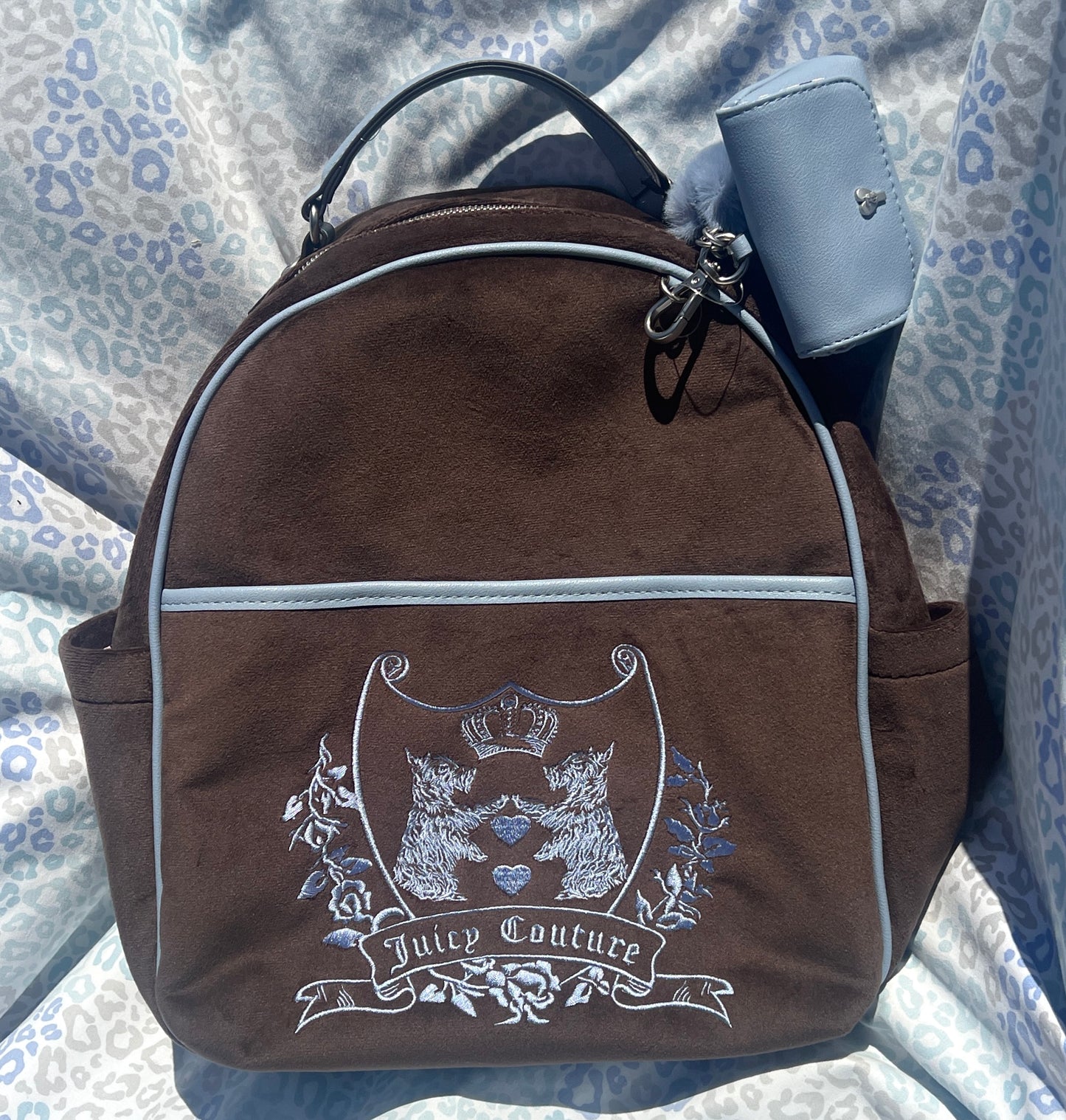New Blue Brown Juicy Couture Backpack Purse Scottie Dog Velour Bag Embroidered