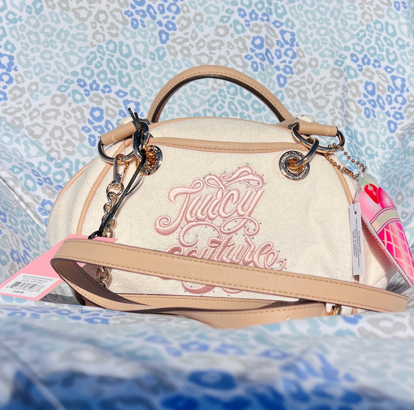 New Tan Cream Juicy Couture Purse Bowler Bag Handbag Terry Cloth Ice Cream Charm