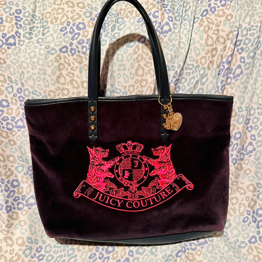 Vintage Pink Black Juicy Couture Purse Pammy Tote Bag Velour Scottie Dog Y2K