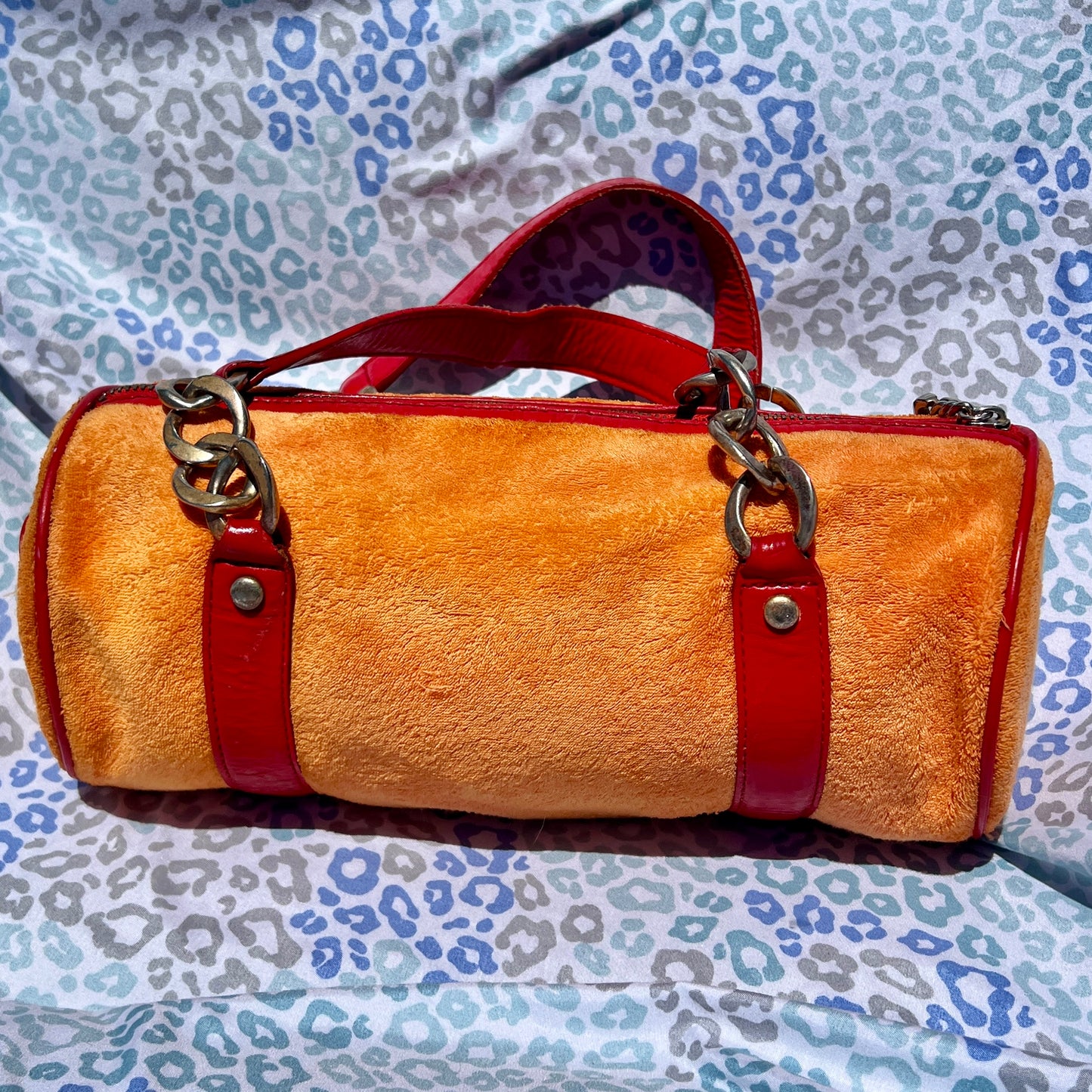 Vintage Red Orange Juicy Couture Barrel Bag Purse Handbag Terry Cloth Scottie