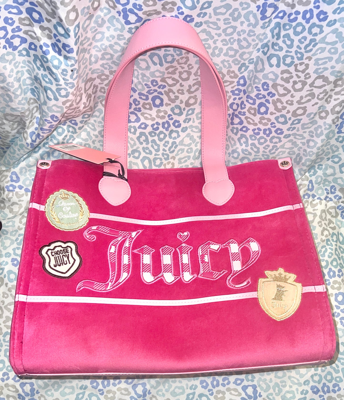 New Pink Juicy Couture Tote Bag Purse Patch Work Handbag Velour + Mini Bag Charm