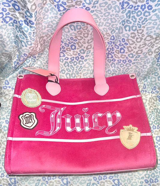 New Pink Juicy Couture Tote Bag Purse Patch Work Handbag Velour + Mini Bag Charm