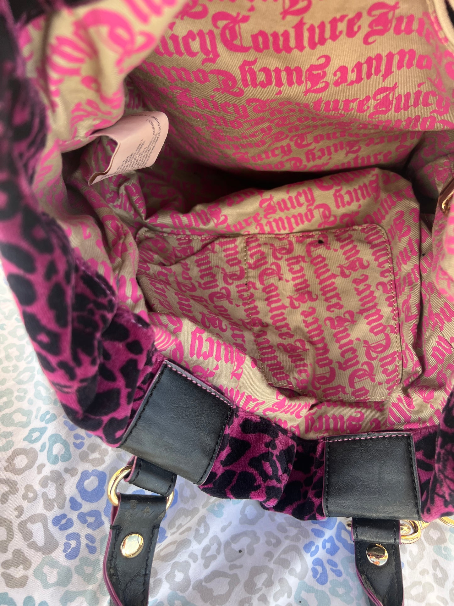Vintage Pink Juicy Couture Purse Tote Bag Leopard Print Velour Y2K Charm Cheetah