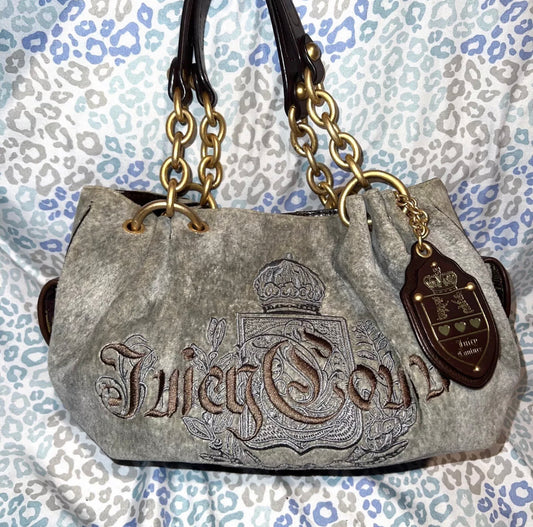 Vintage Grey Juicy Couture Handbag Satchel Bag Purse Velour Y2K