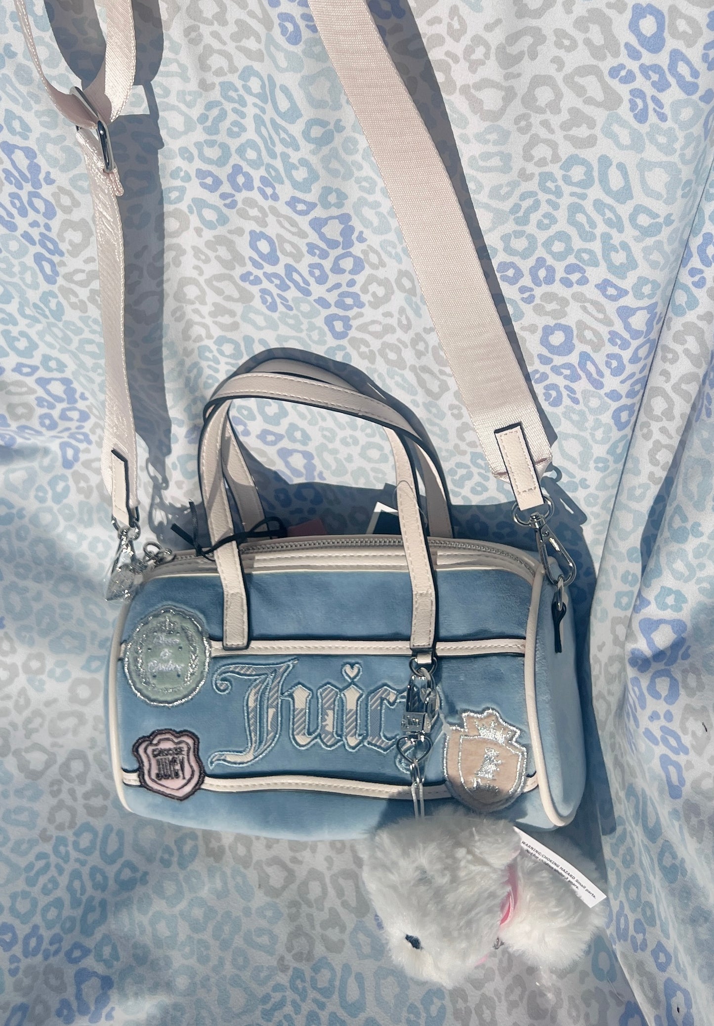 New Blue Choose Juicy Couture Purse Study In Style Barrel Bag Patch Work Velour