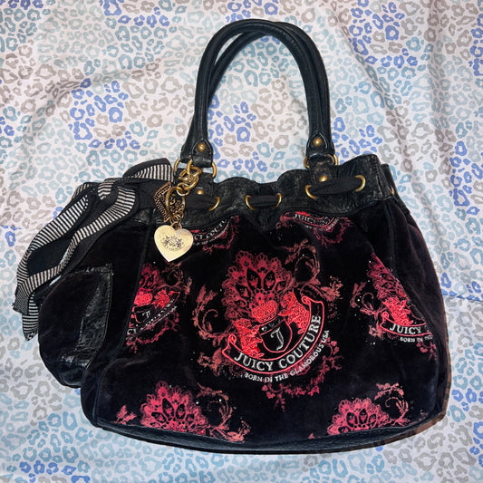 Vintage Red Black Juicy Couture Purse Tote Bag Handbag Velour Y2K Mcbling Rare