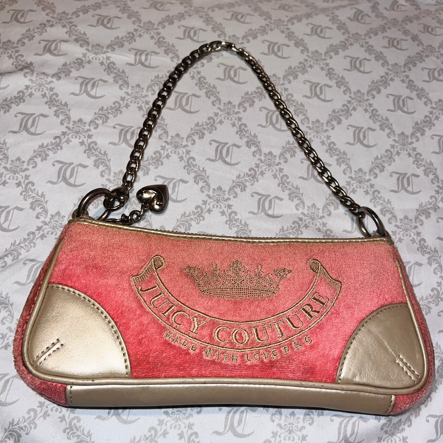Vintage Gold Salmon Pink Juicy Couture Purse Bag Clutch Handbag Y2K Terry Cloth
