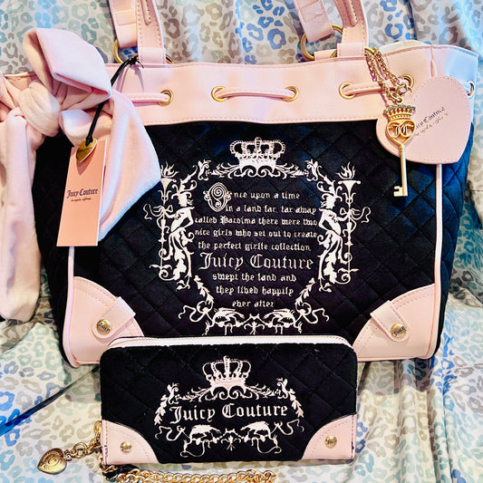 New Pink Black Juicy Couture Purse + Wallet Velour Fairy Tale Daydreamer Tote