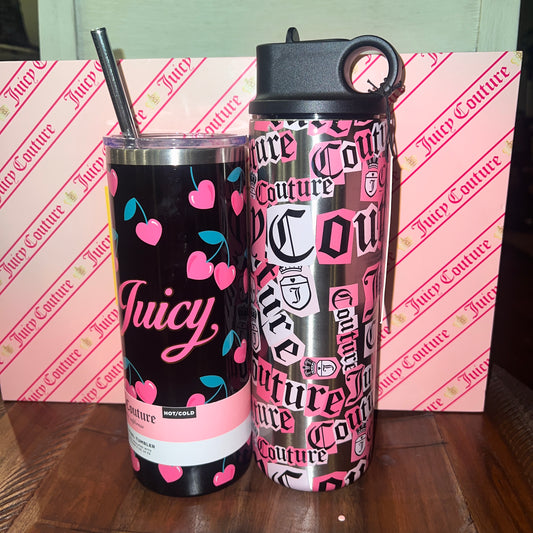 New Set of 2 Pink Cherry Juicy Couture Stainless Steel Insulated Tumbler Cups