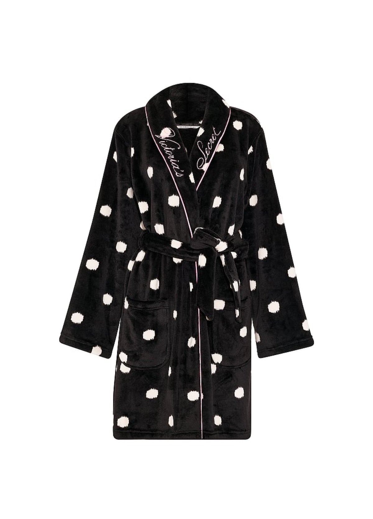 New Black White Polka Dot M/L Victoria’s Secret Cozy Plush Robe Medium Large NWT