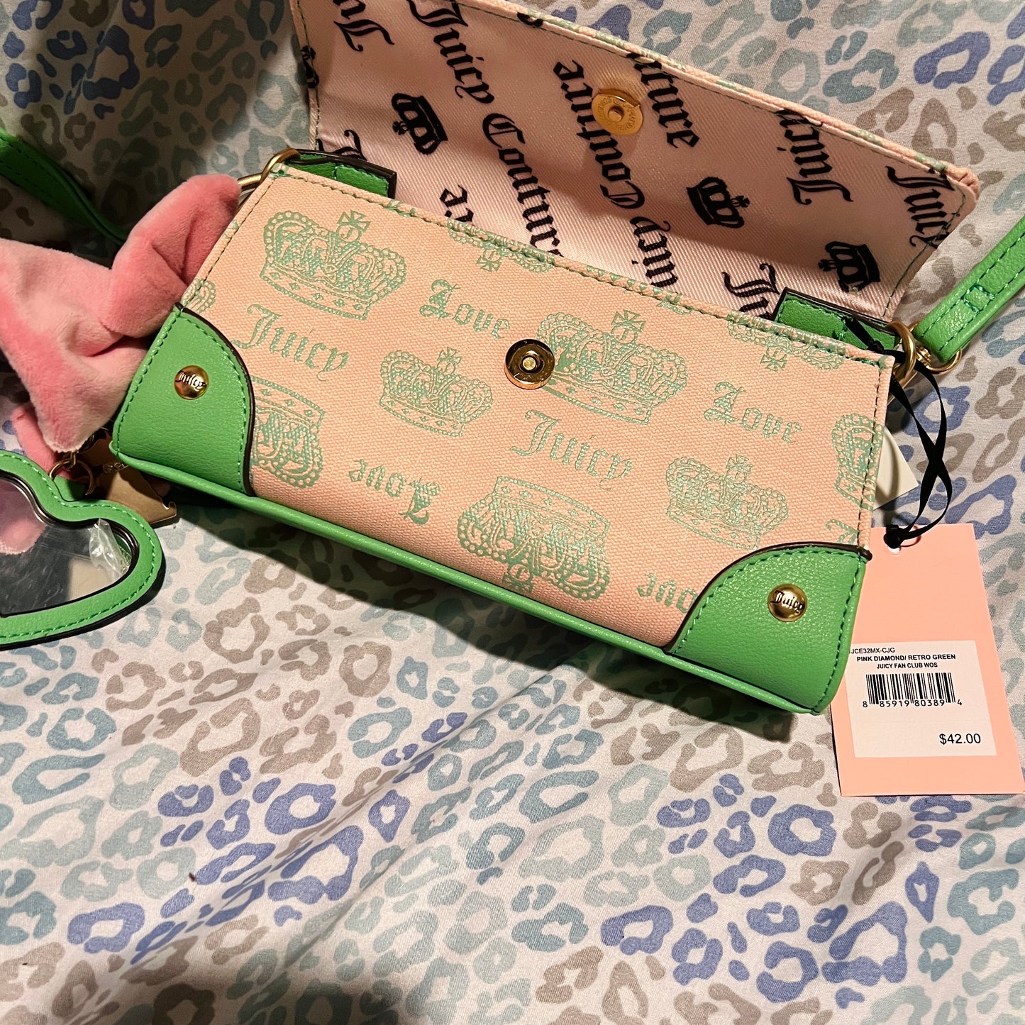 New Green Pink Juicy Couture Purse Crossbody Bag Retro Juicy Fan Club
