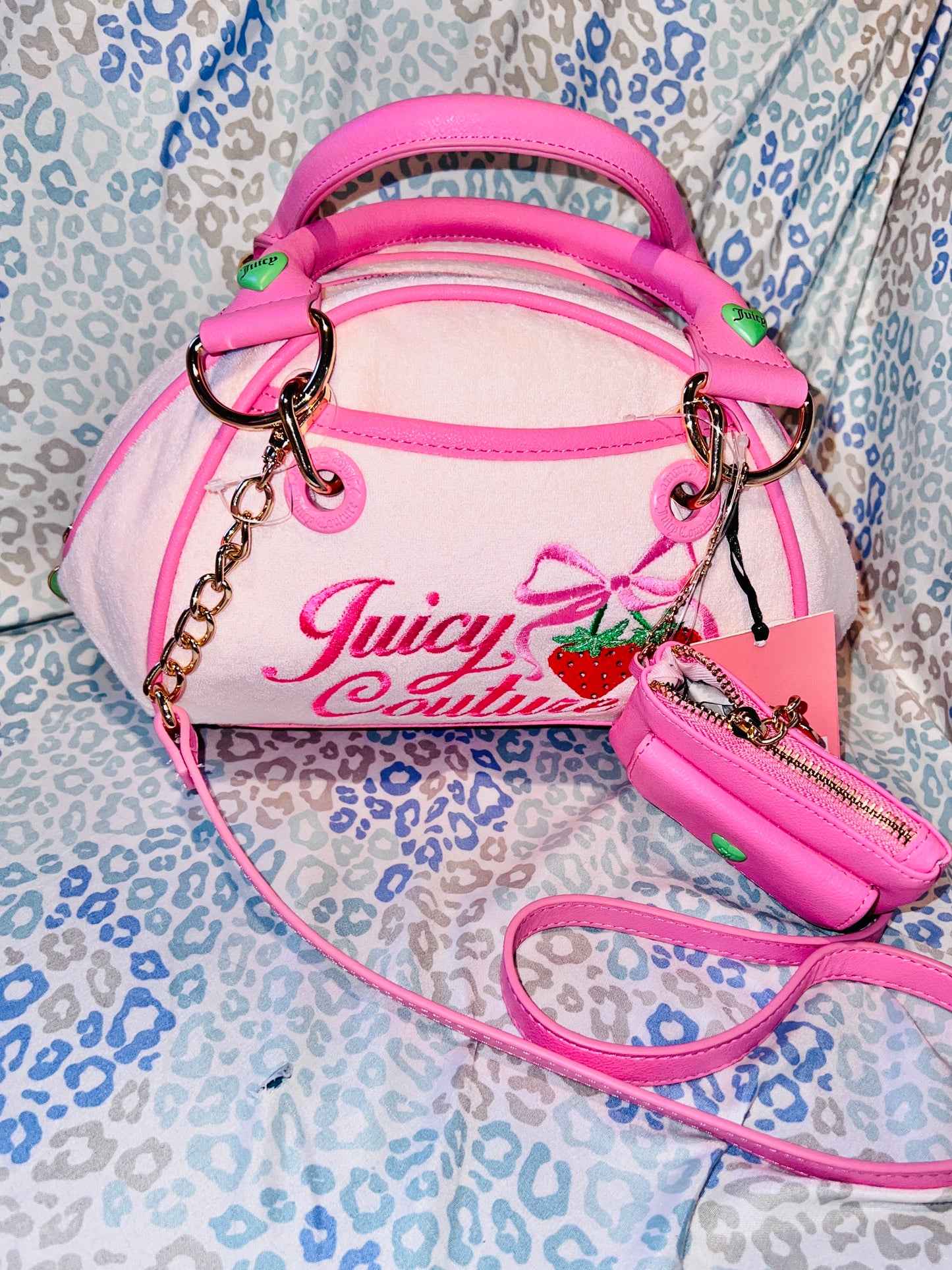 New Pink Juicy Couture Purse Bowler Bag Handbag Satchel Strawberry Terry Cloth