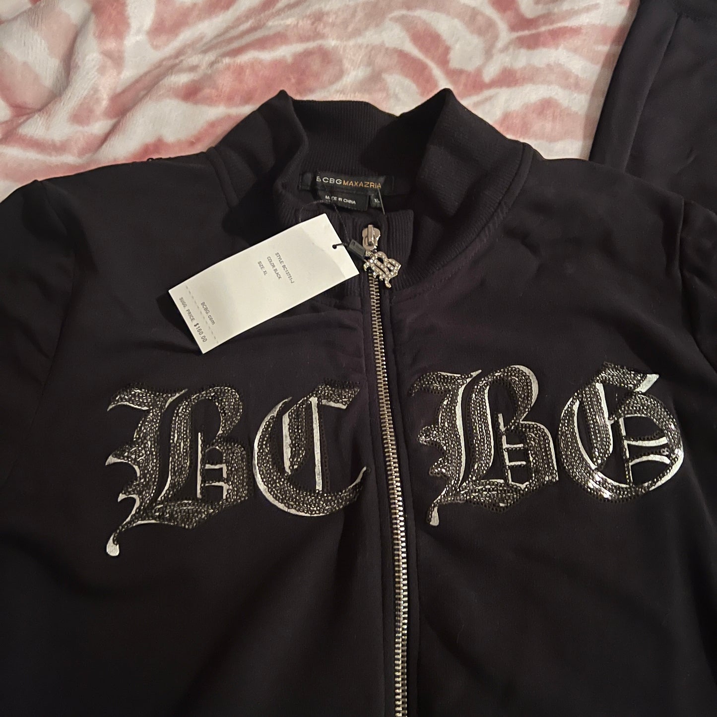 New XL Black BCBG 2-Piece Tracksuit Jacket + Track Pants Sequin Set MSRP $160