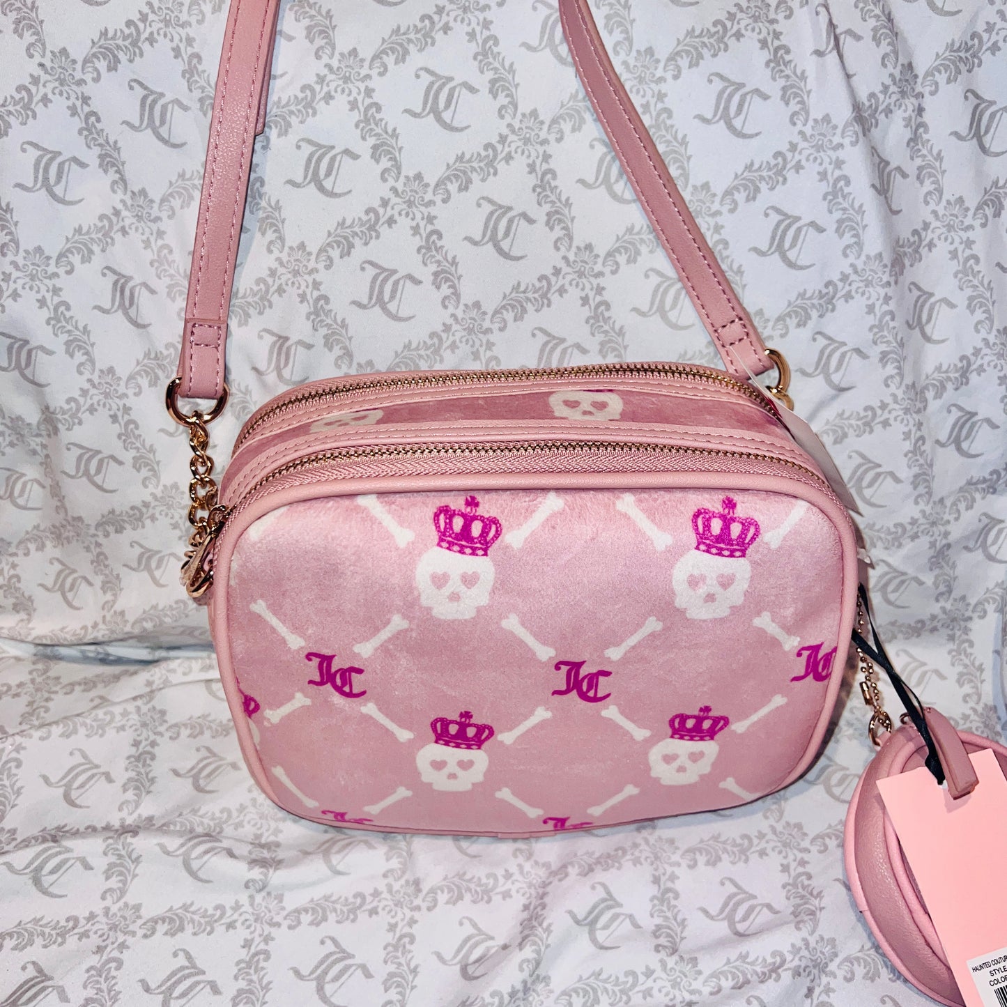 New Pink Juicy Couture Crossbody Bag Purse Skull Velvet Haunted Couture MSRP $79