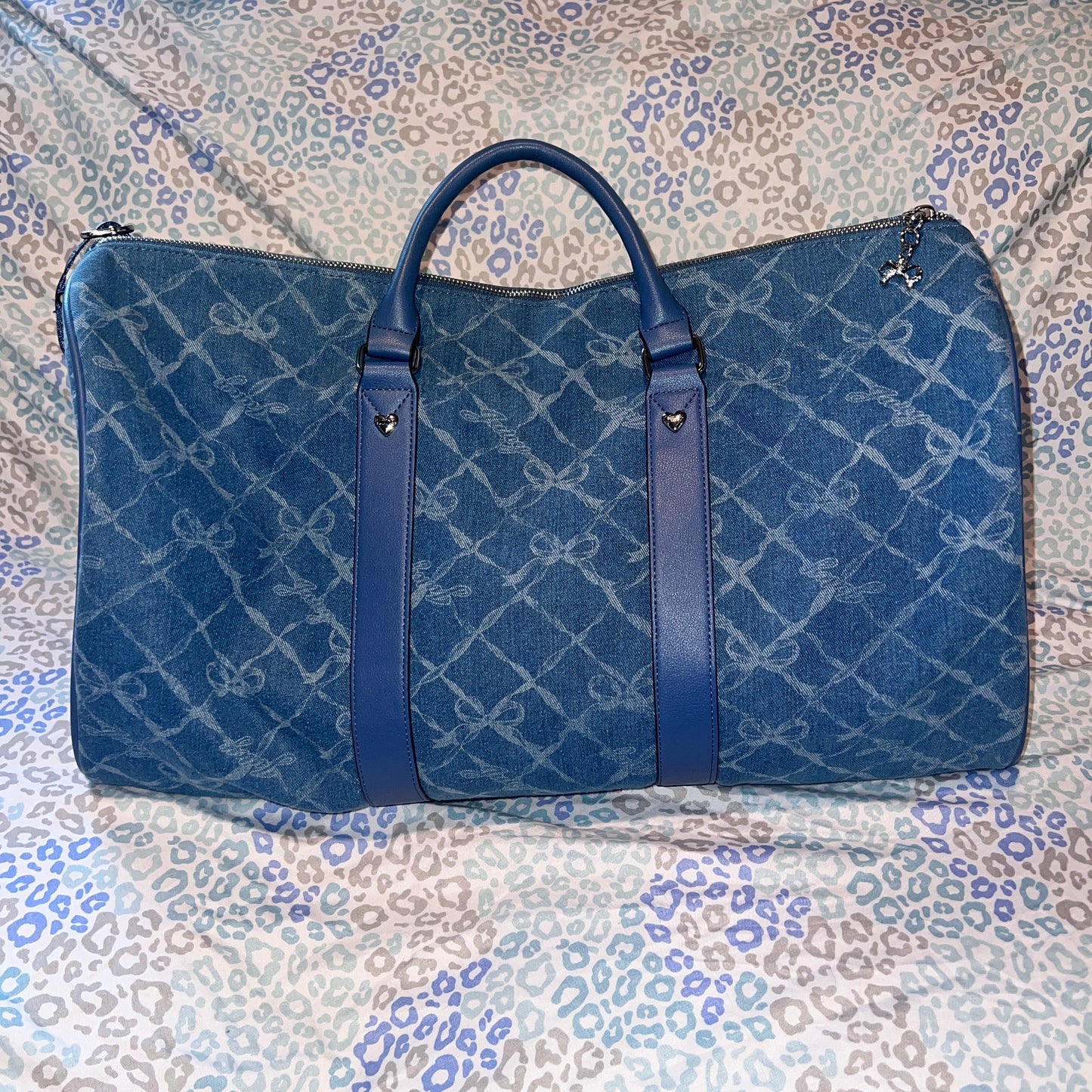 New Blue Juicy Couture Duffel Bag Bow Travel Denim Purse XL Weekender Ribbon