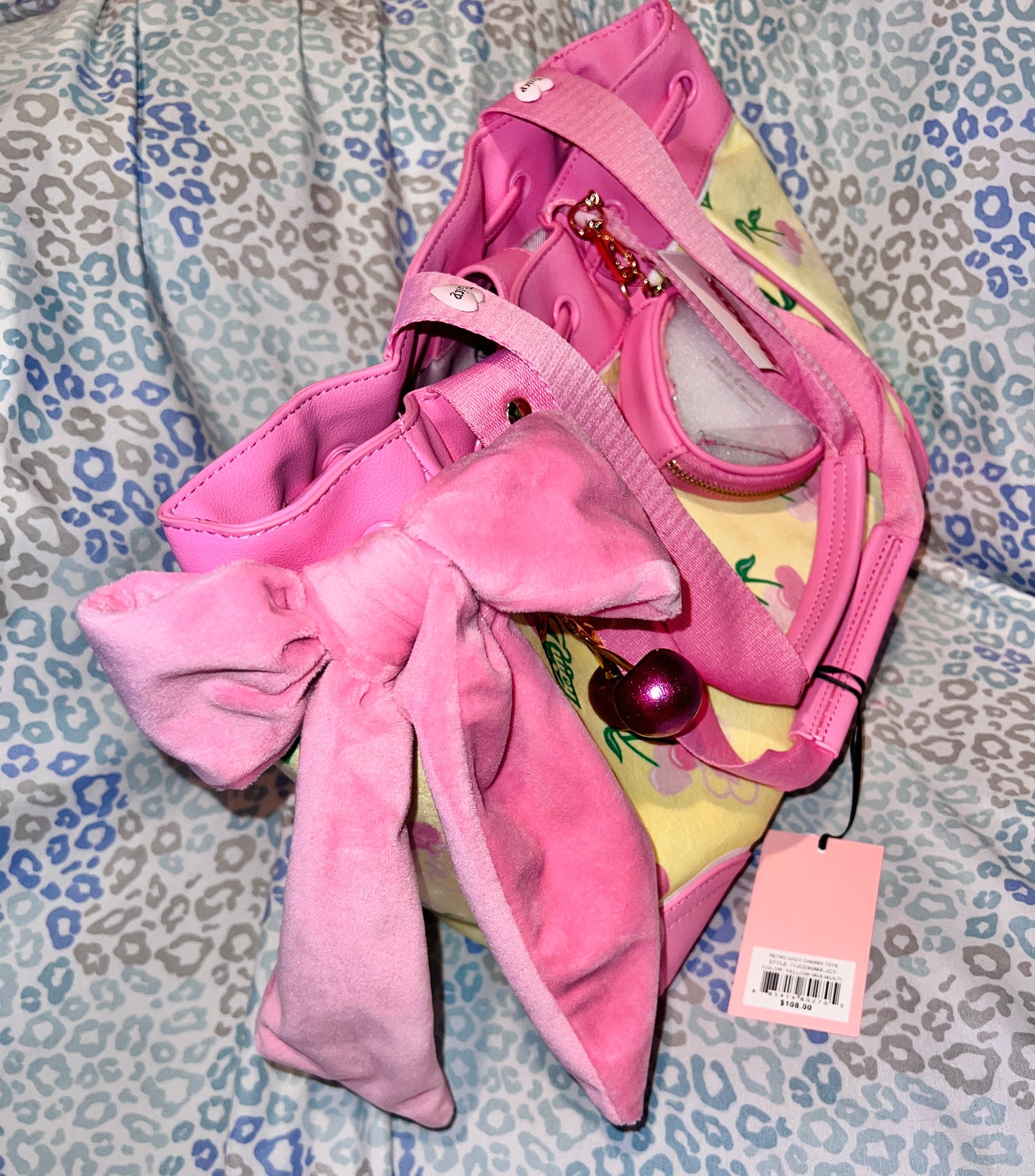 New Pink Yellow Juicy Couture Purse + Charms Cherry Daydreamer Tote Bag Handbag