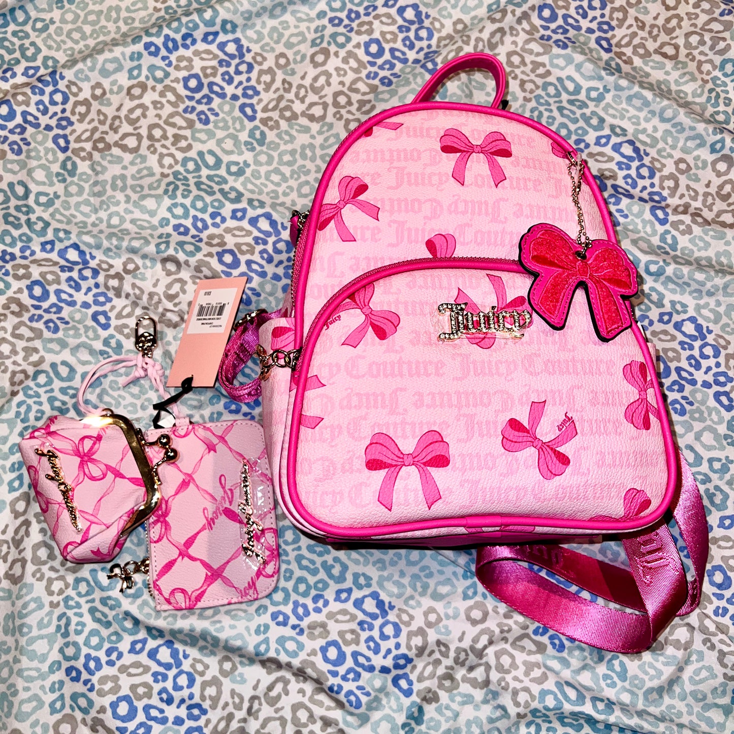 New Pink Juicy Couture Backpack Set w/ Wallet + Coin Purse Pouch NWT Ribbon Bow