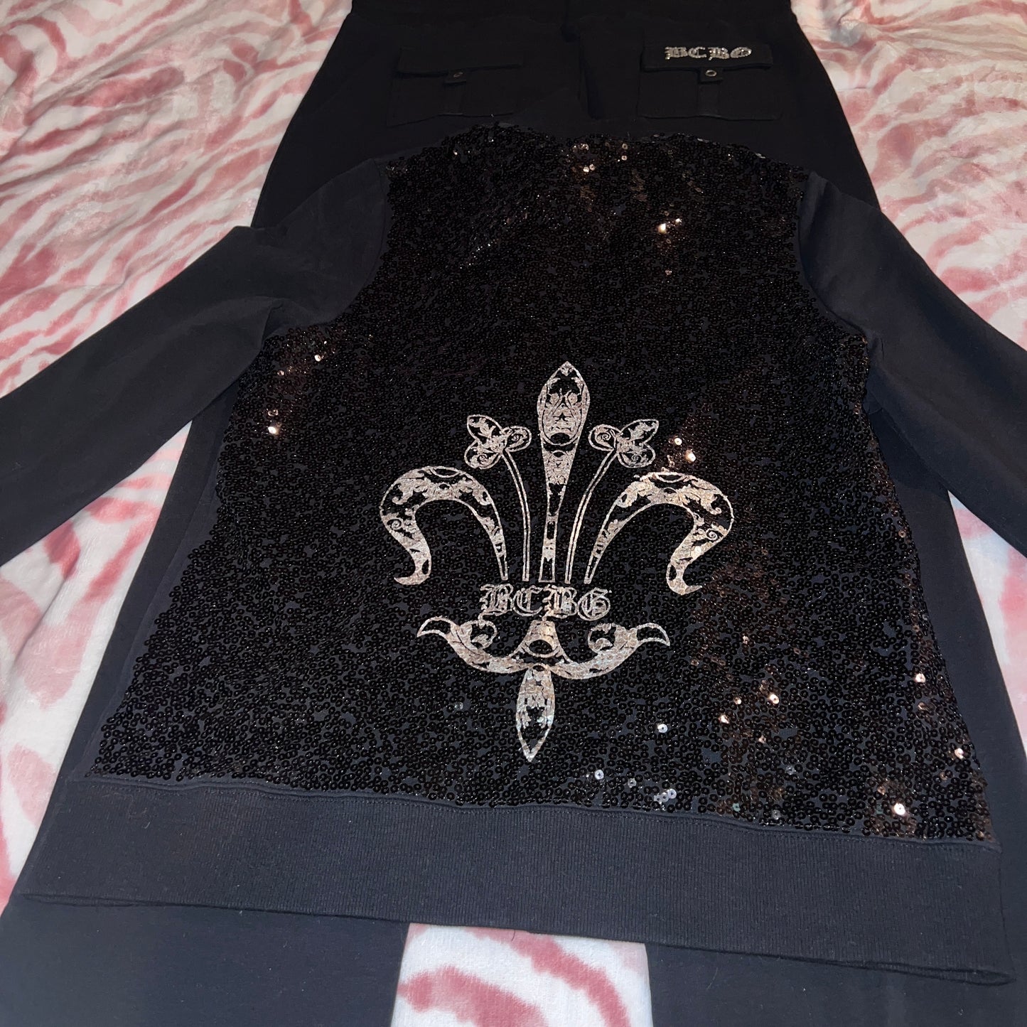 New XL Black BCBG 2-Piece Tracksuit Jacket + Track Pants Sequin Set MSRP $160