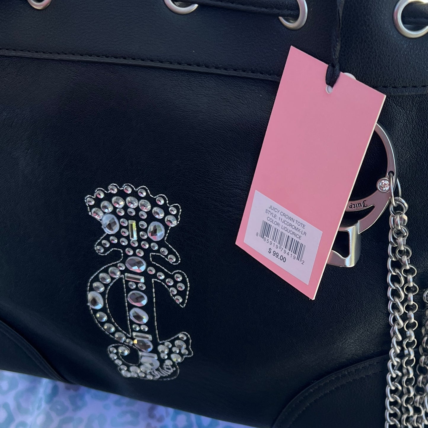 New Black Juicy Couture Purse Daydreamer Tote Bag Handbag Ring Charm Pleather