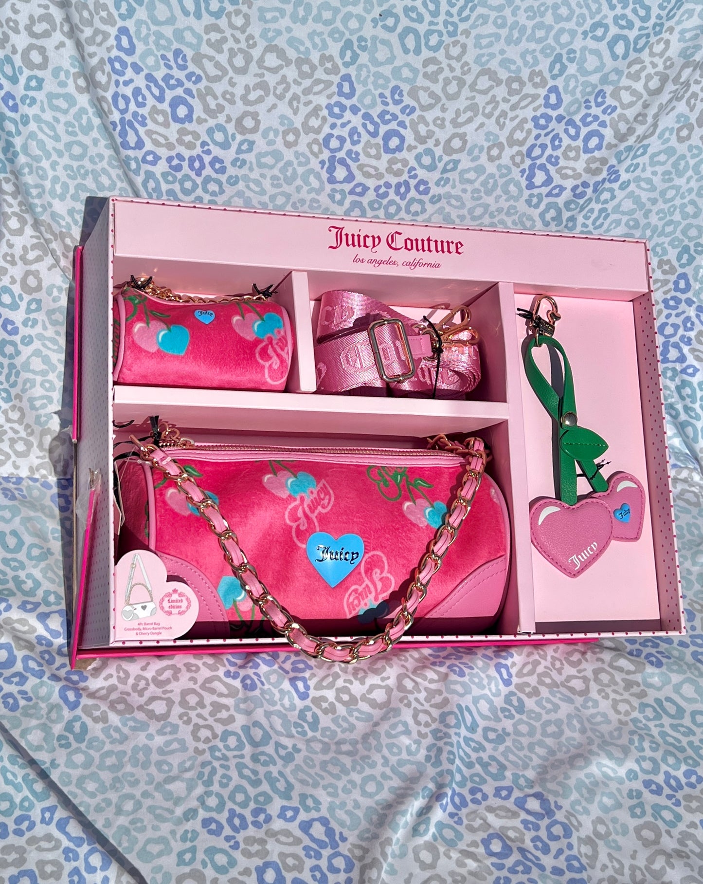 New Salmon Juicy Couture Purse Set Cherry Velour Barrel Bag + Mini Bag + Charm