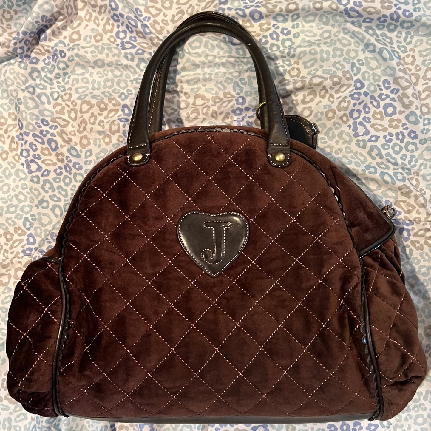 Vintage Dark Brown Juicy Couture Bowler Bag Travel Purse XL Size Velour Duffel