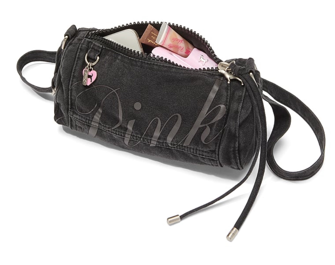 New VS Pink Black Canvas Rolled Mini Duffle Shoulder Bag Crossbody Viral