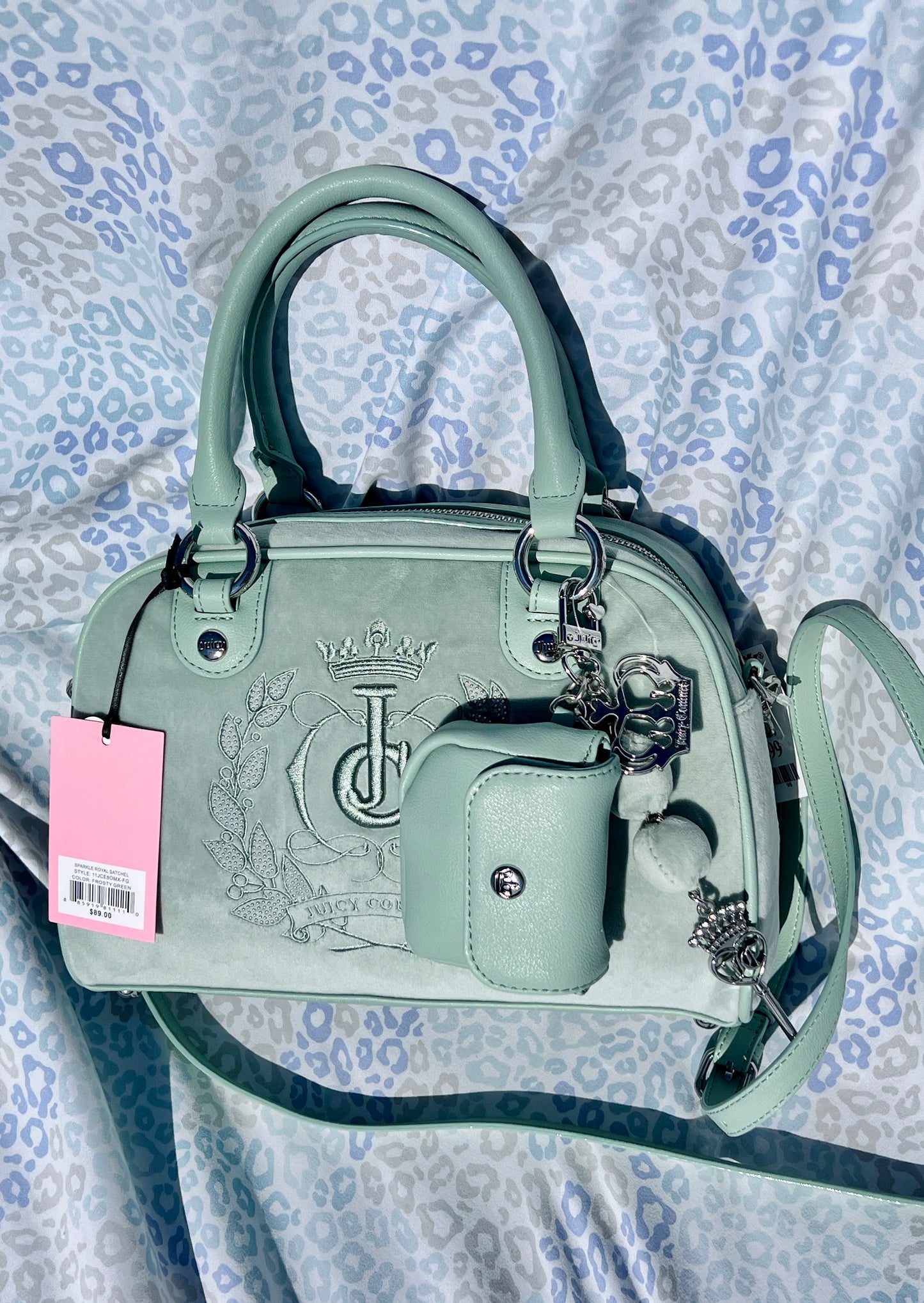 New Frosty Green Juicy Couture Purse Bowler Satchel Bag + Charm + Wallet Velour