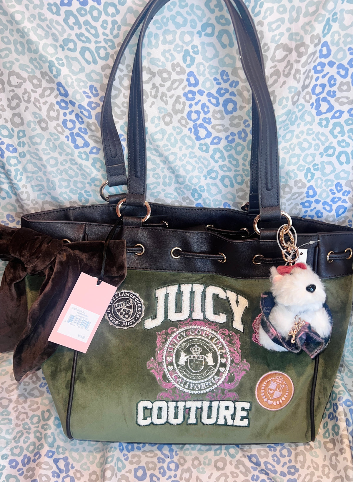 New Olive Green Juicy Couture Purse Daydreamer Tote Bag Velour Handbag Patches